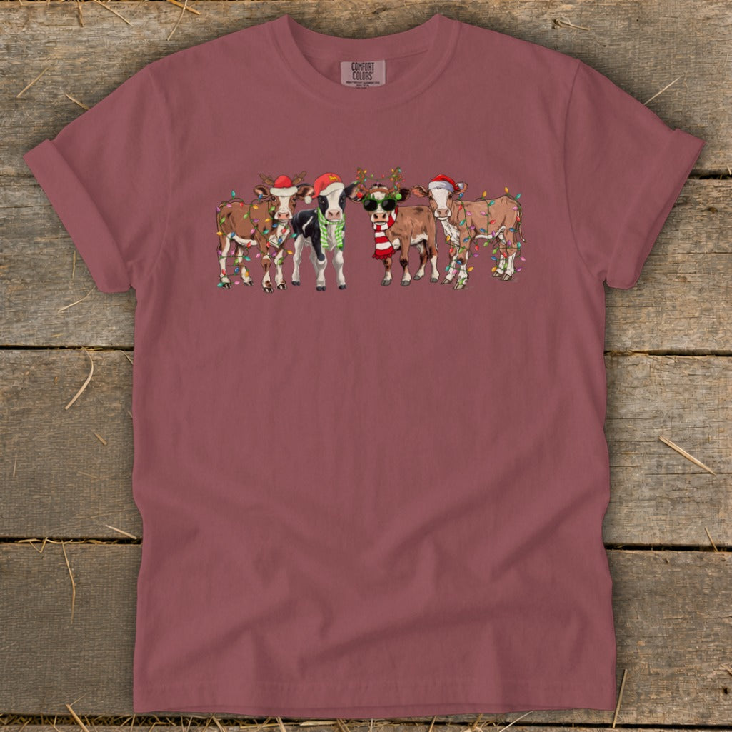 Five festive cows wearing Santa hats and Christmas lights, one with sunglasses.