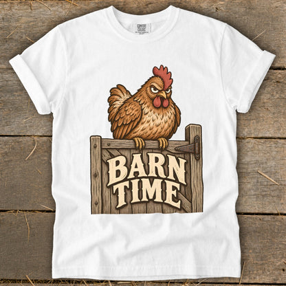 White t-shirt with illustration of an angry chicken on a wooden sign that reads "BARN TIME".