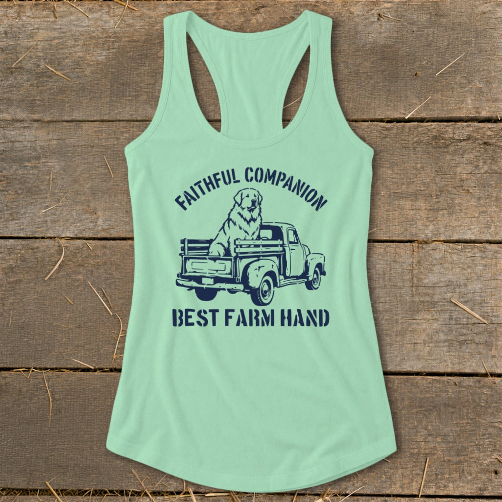 Tank top with dog in truck graphic and text "Faithful Companion Best Farm Hand".