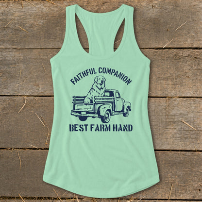 Tank top with dog in truck graphic and text "Faithful Companion Best Farm Hand".