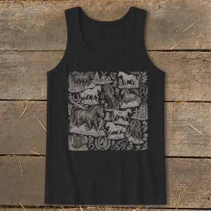 Black tank top with a collage of horses, windmills, and western motifs.