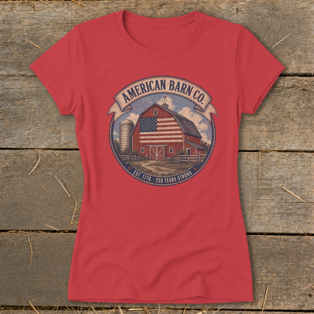 Red t-shirt with American Barn Co. logo featuring a barn with American flag and silo.