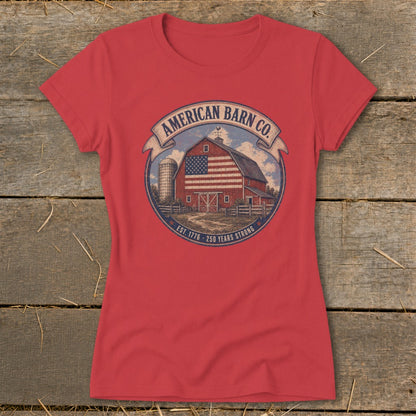 Red t-shirt with American Barn Co. logo featuring a barn with American flag and silo.