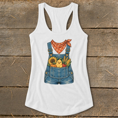 White tank top with denim overalls graphic featuring chick, sunflower, pumpkin, corn, and apple.