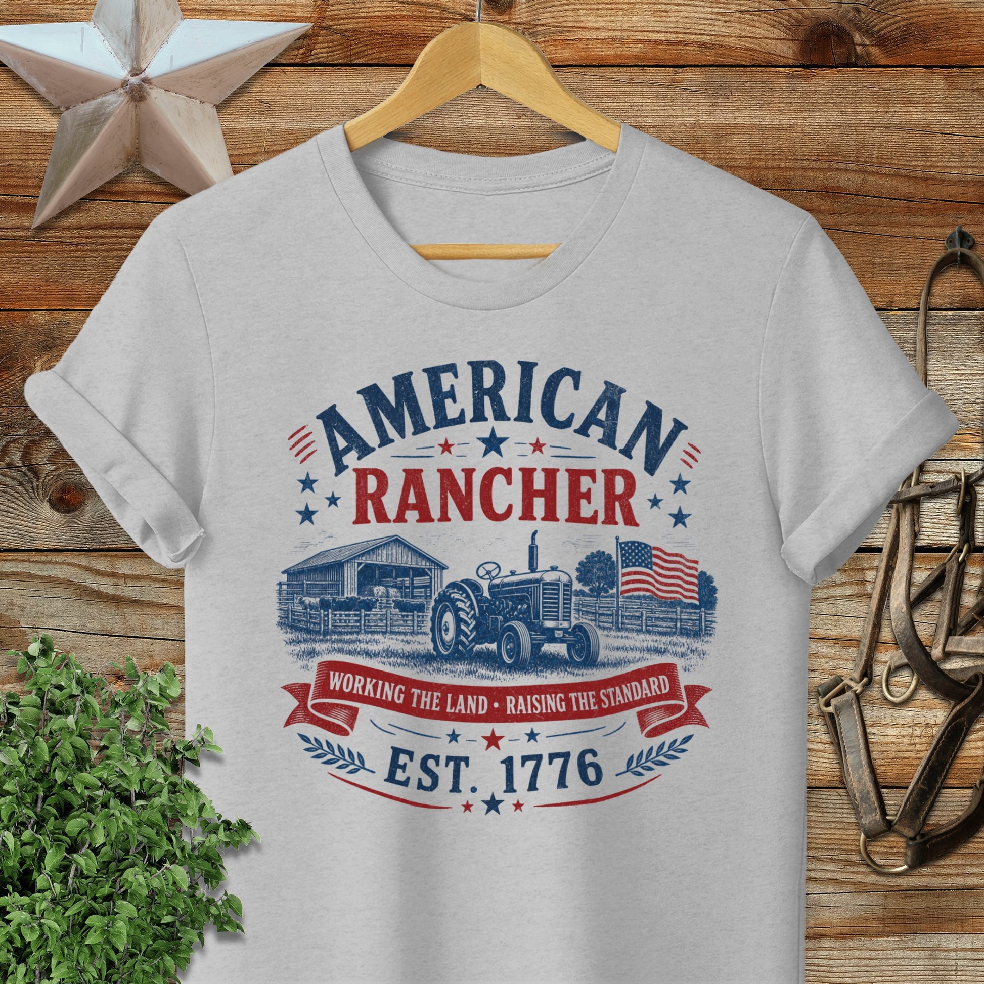 Light gray t-shirt with "American Rancher" and "Est. 1776" designs.