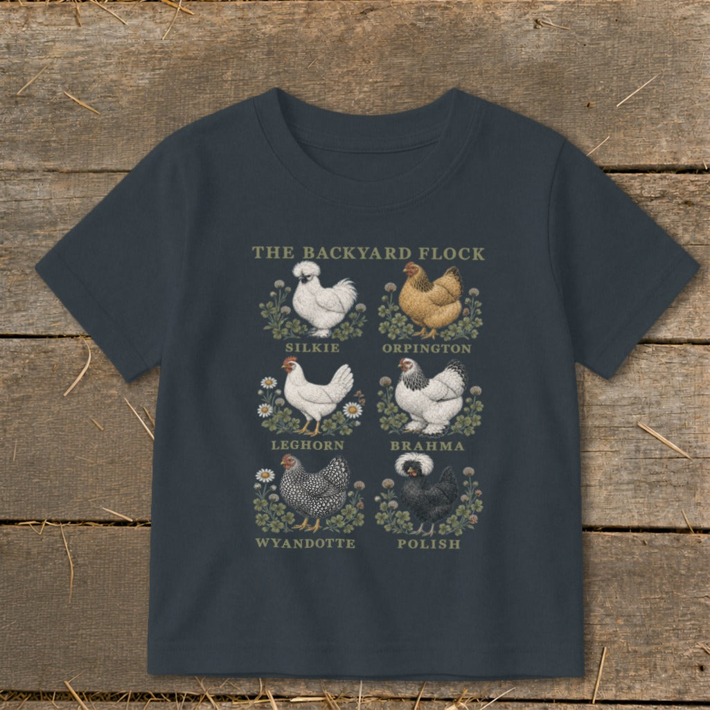 "The Backyard Flock" t-shirt with six chicken illustrations: Silkie, Orpington, Leghorn, Brahma, Wyandotte, and Polish.
