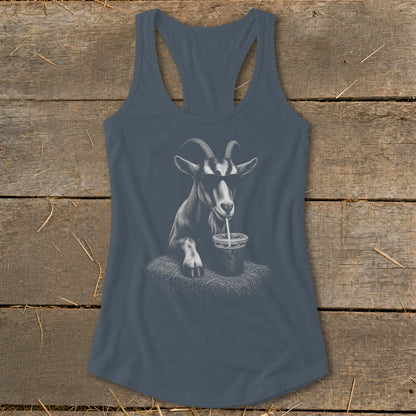 Goat wearing sunglasses drinks from a straw on a tank top.