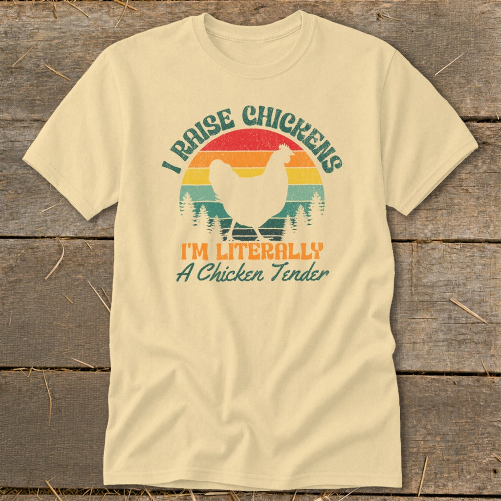 Light yellow t-shirt with a distressed graphic of a chicken and text.