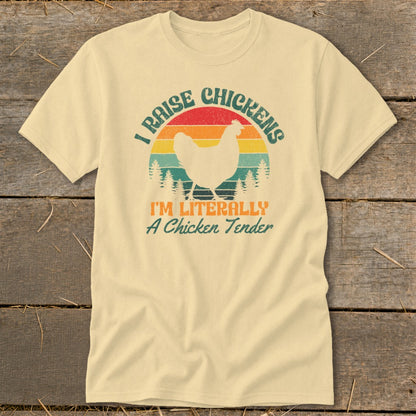 Light yellow t-shirt with a distressed graphic of a chicken and text.