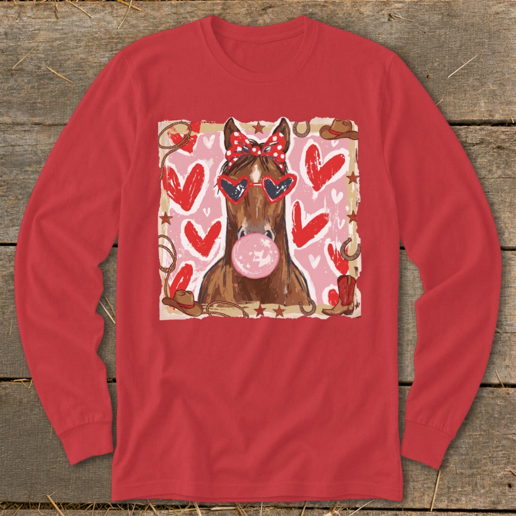 Horse wearing heart sunglasses and a polka dot bow, blowing bubblegum, surrounded by hearts.