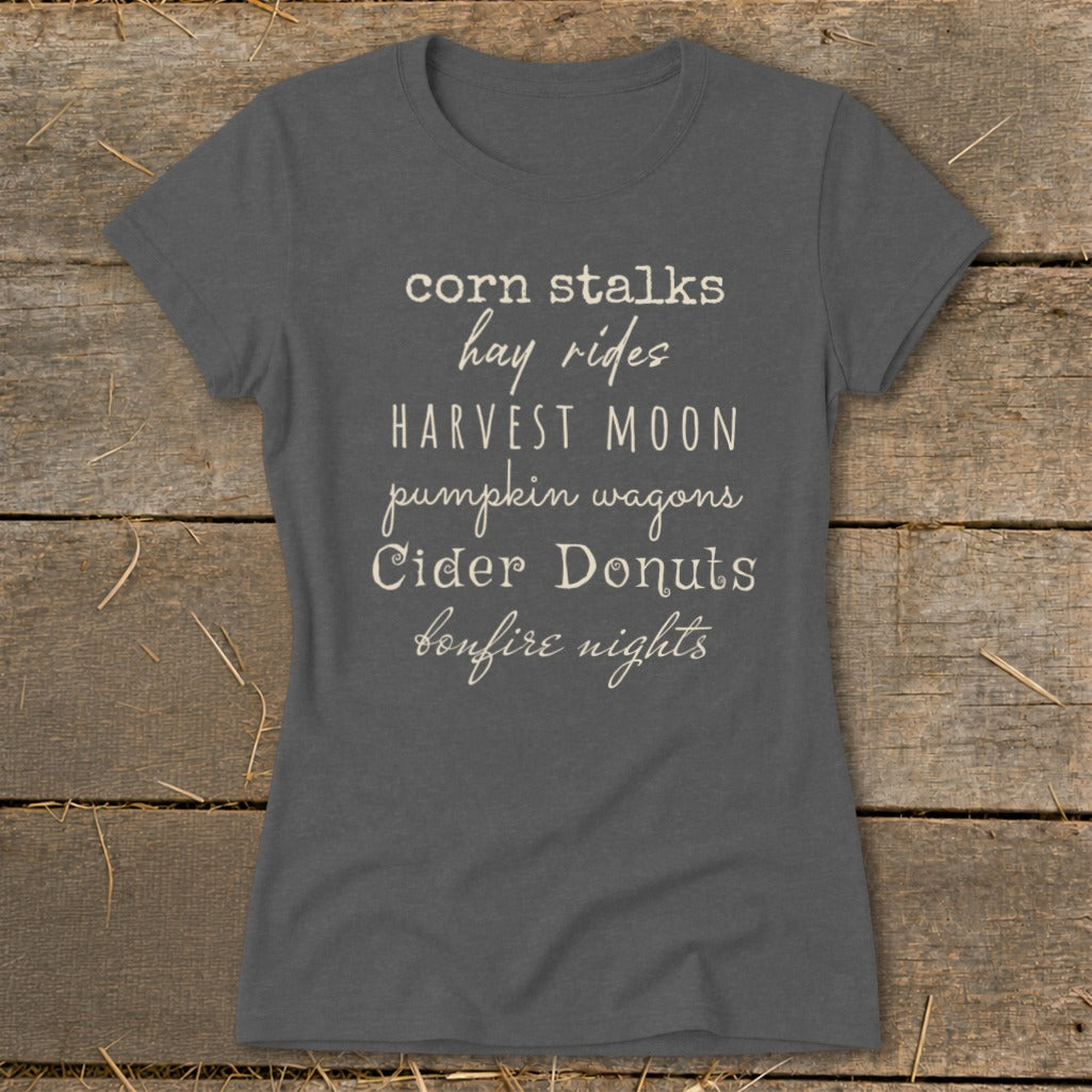 Gray t-shirt with white text listing autumn activities.