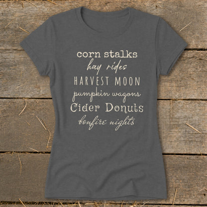 Gray t-shirt with white text listing autumn activities.