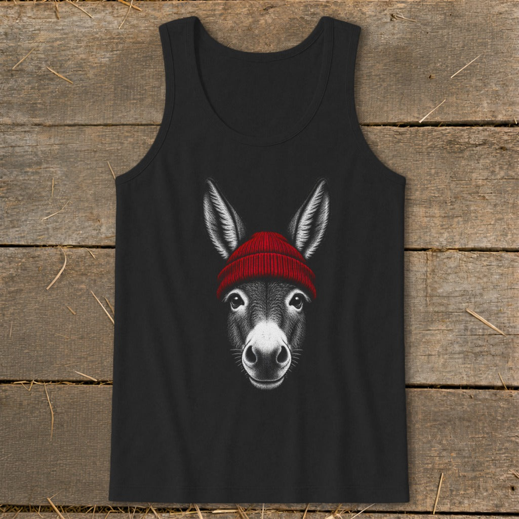 Black tank top featuring a graphic illustration of a donkey wearing a red beanie.