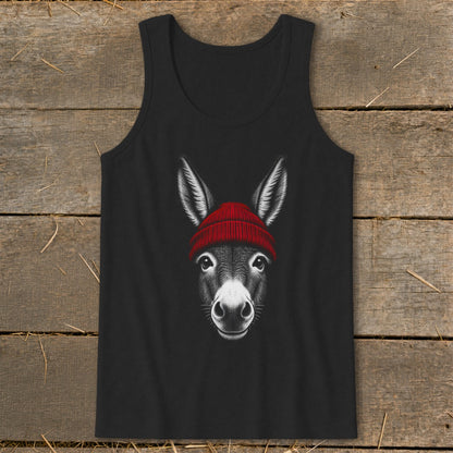 Black tank top featuring a graphic illustration of a donkey wearing a red beanie.