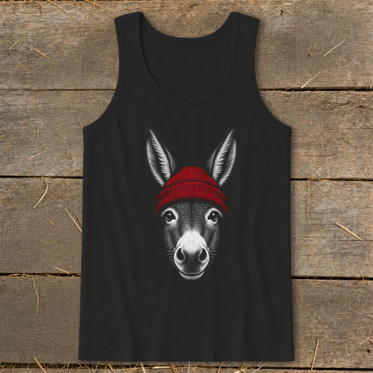 Black tank top featuring a graphic illustration of a donkey wearing a red beanie.