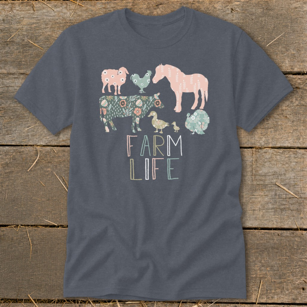 T-shirt with floral farm animals and "FARM LIFE" text.