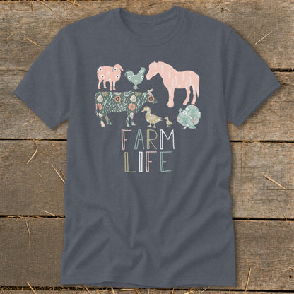 T-shirt with floral farm animals and "FARM LIFE" text.