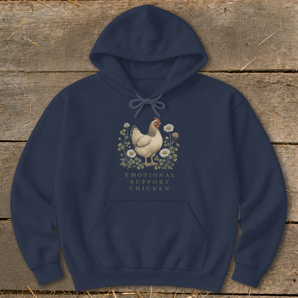 Navy hoodie with a hen illustration surrounded by flowers and text "Emotional Support Chicken".