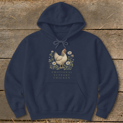 Navy hoodie with a hen illustration surrounded by flowers and text "Emotional Support Chicken".