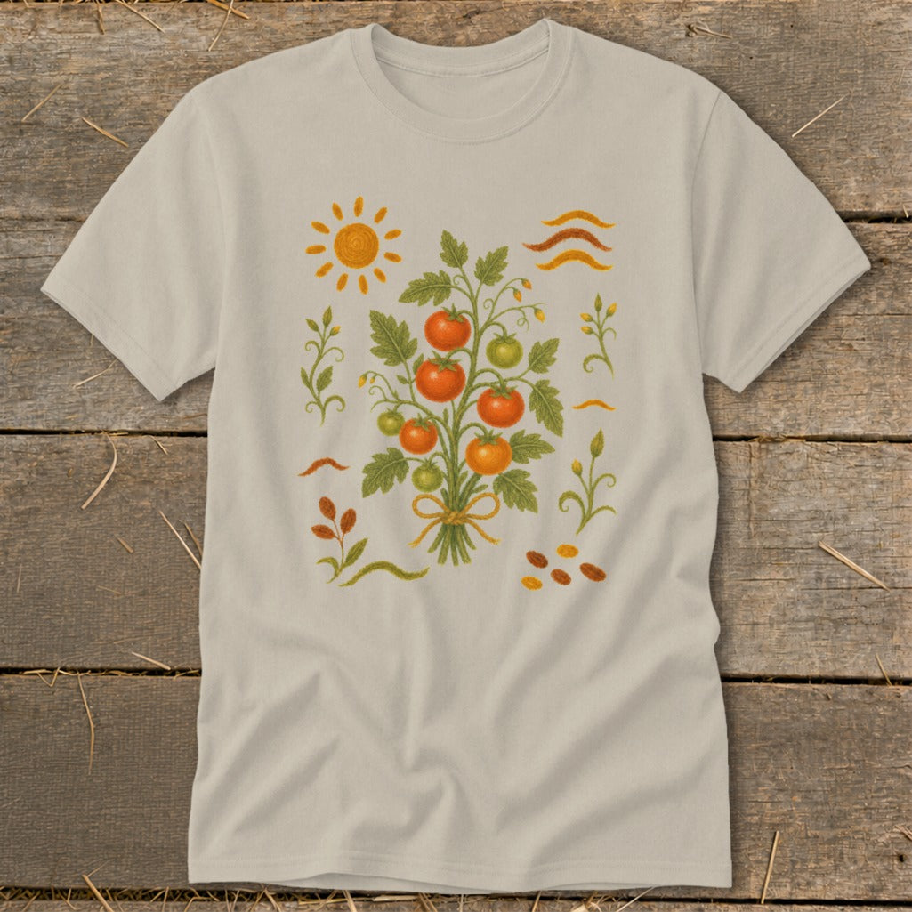 Cream t-shirt with a stylized tomato plant illustration, sun, and wavy lines.