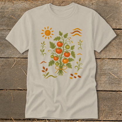 Cream t-shirt with a stylized tomato plant illustration, sun, and wavy lines.