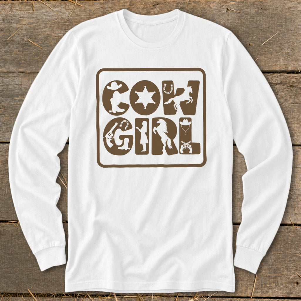 White long-sleeve shirt with "COWGIRL" graphic featuring Western-themed icons.
