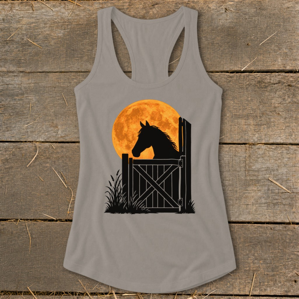 Grey racerback tank top featuring a graphic of a horse silhouette behind a gate before a large orange moon.