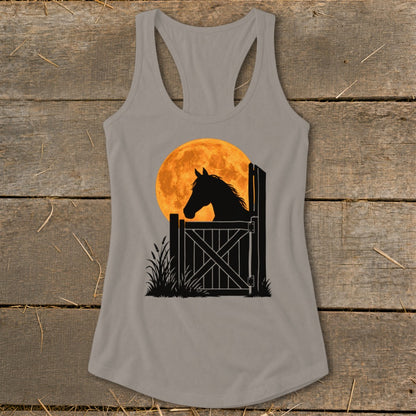 Grey racerback tank top featuring a graphic of a horse silhouette behind a gate before a large orange moon.