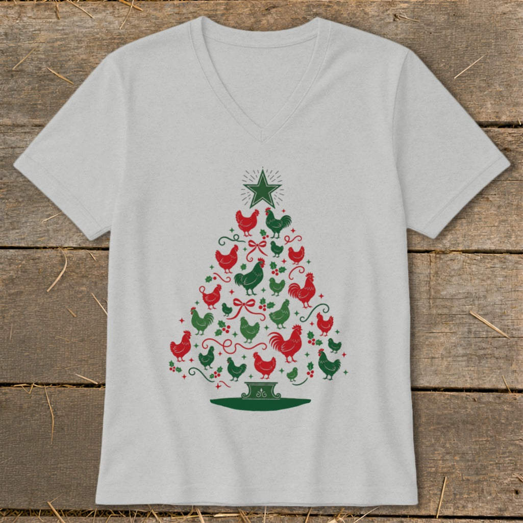 Light grey t-shirt with a Christmas tree made of red and green chickens and stars.