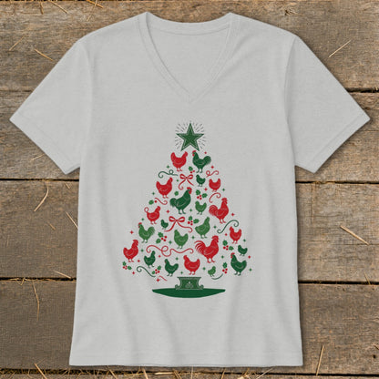 Light grey t-shirt with a Christmas tree made of red and green chickens and stars.