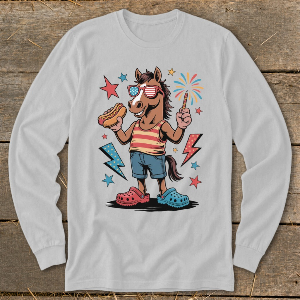 Cartoon horse wearing American flag sunglasses, holding hot dog and sparkler.
