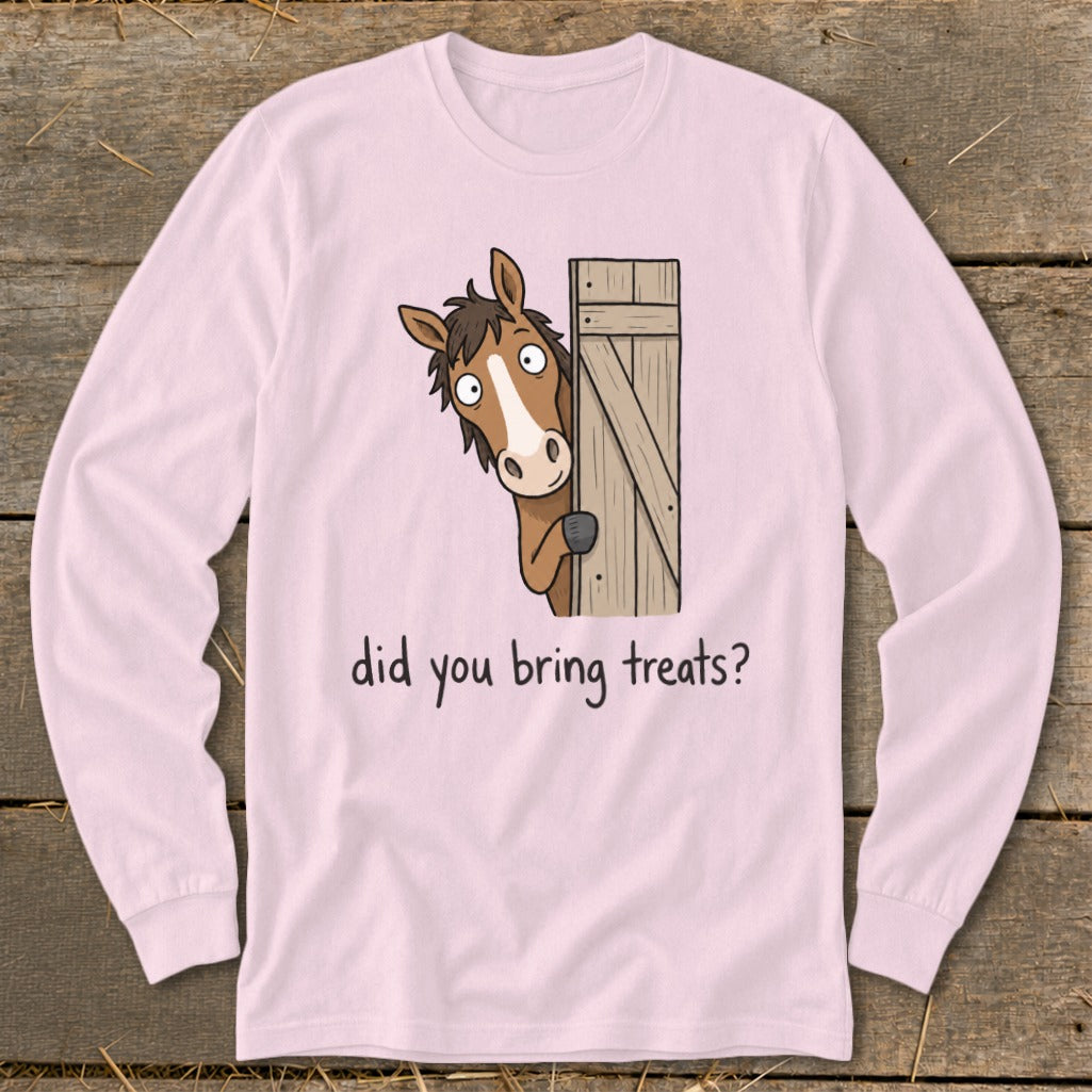 Pink long-sleeve shirt with cartoon horse peeking from a barn door asking, "Did you bring treats?".