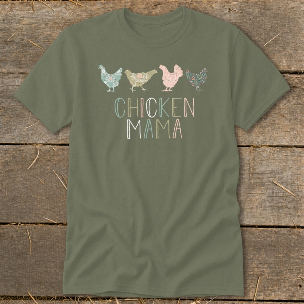 Olive green t-shirt with pastel floral chickens and "CHICKEN MAMA" text.