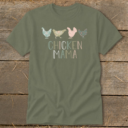 Olive green t-shirt with pastel floral chickens and "CHICKEN MAMA" text.