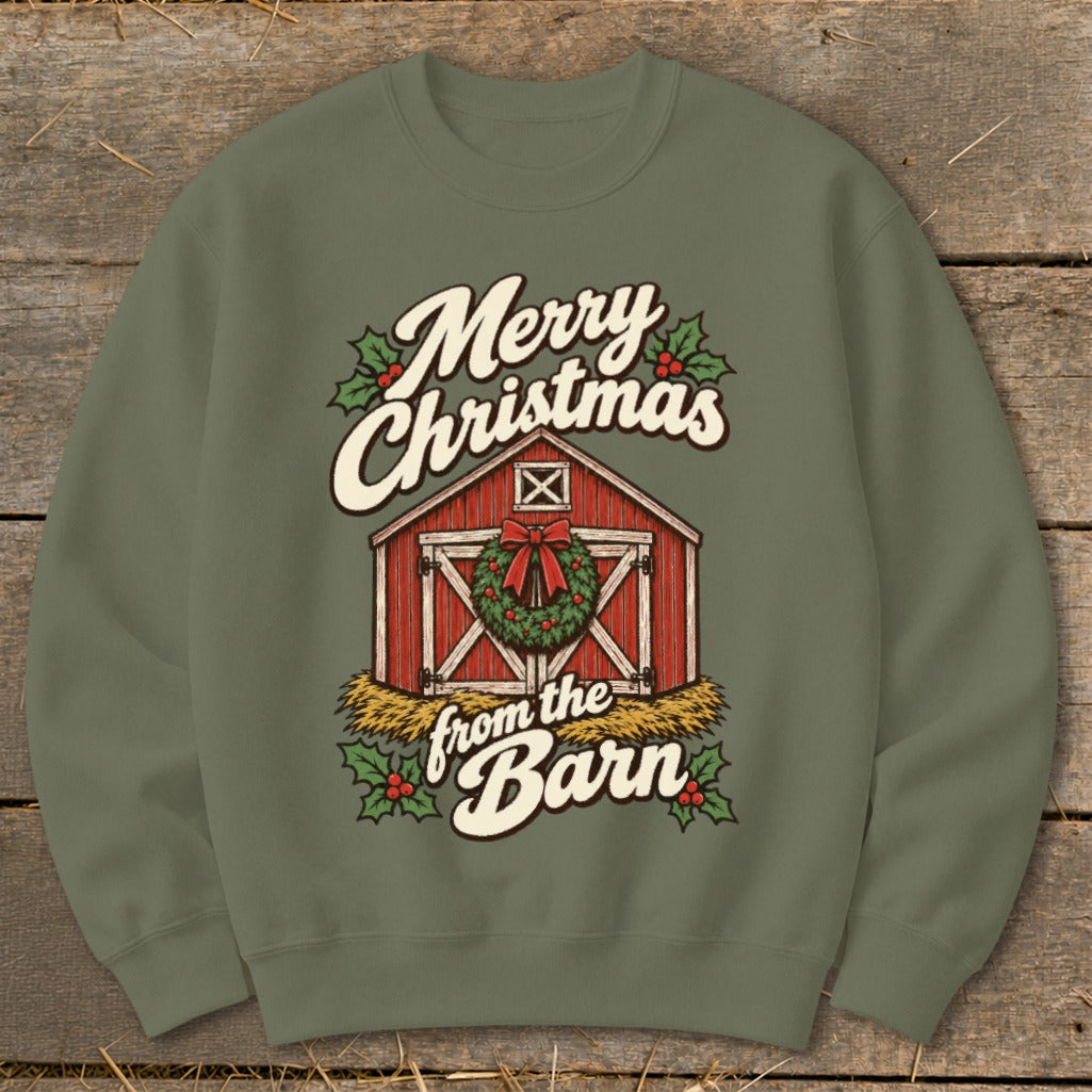 Green sweatshirt with "Merry Christmas from the Barn" text and a red barn graphic.