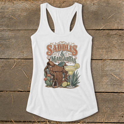 White tank top with "Saddles & Margaritas" text, saddle, and margarita.