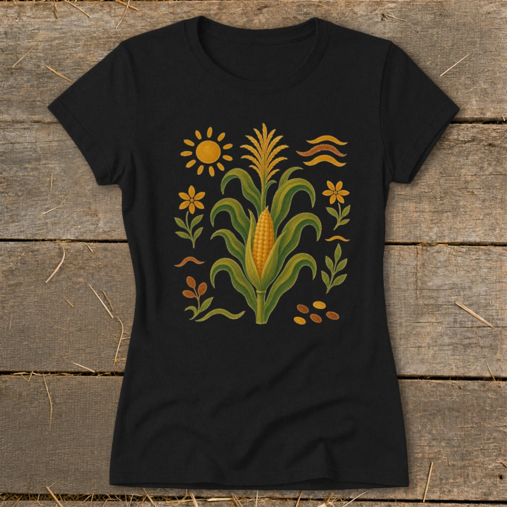 Black t-shirt with a central corn stalk illustration surrounded by flowers, sun, and leaves.