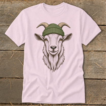 Pink t-shirt with illustration of a goat wearing a green beanie.