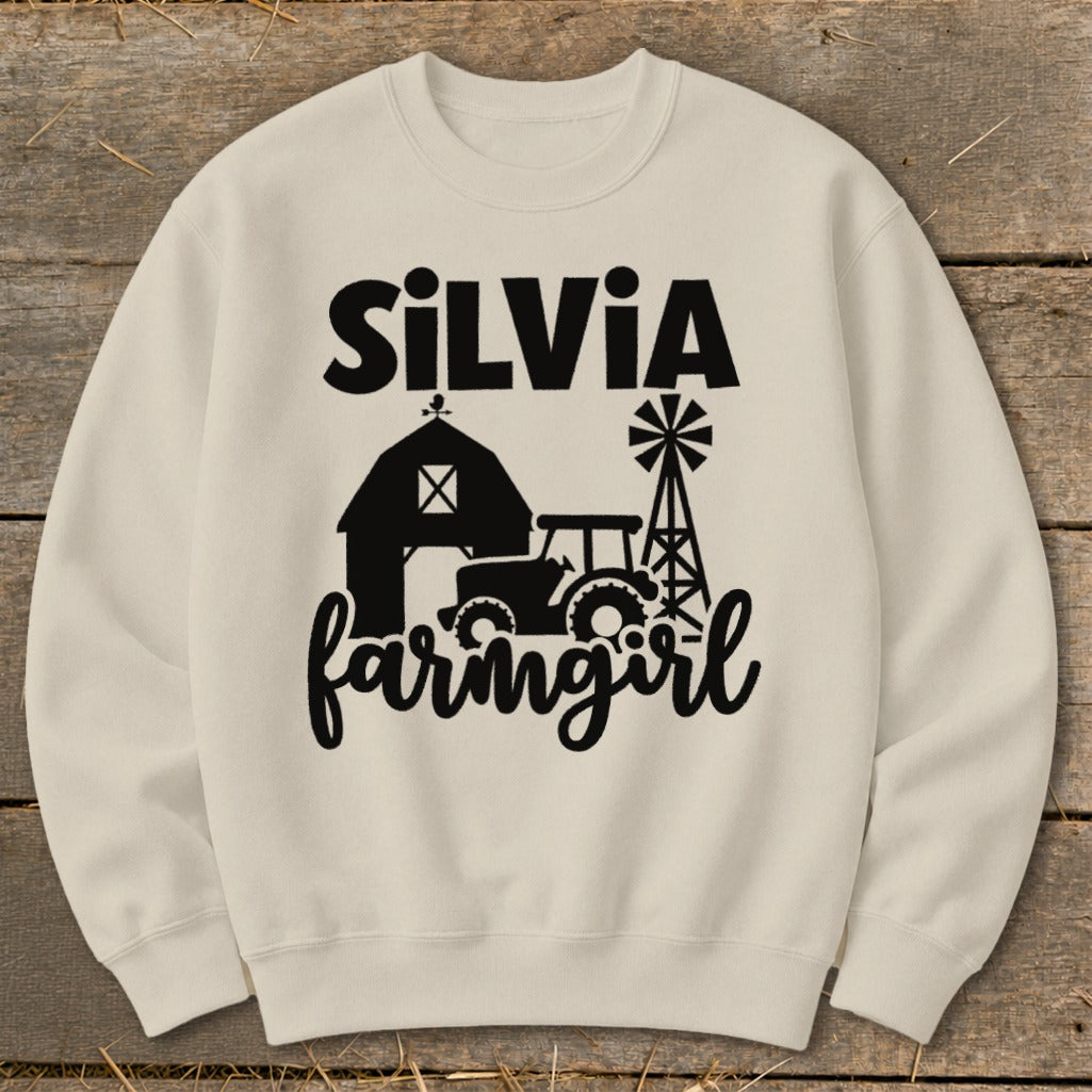 Cream sweatshirt with "Silvia farmgirl" text and farm graphics.