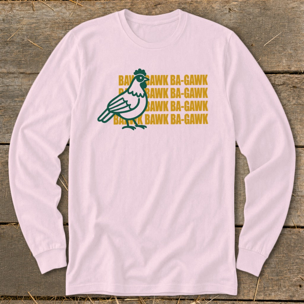 Pink long-sleeve shirt with a green chicken graphic and repeated "BAWK BA-GAWK" text.