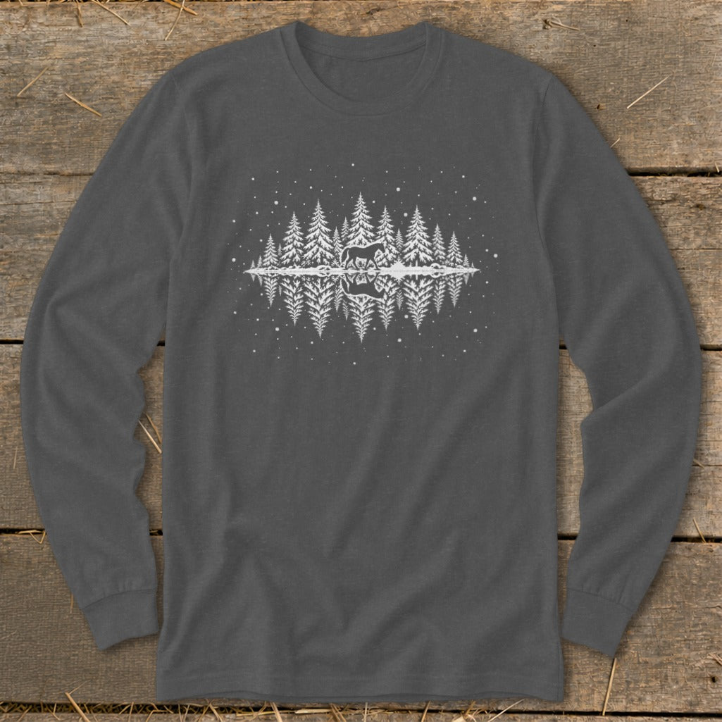 Dark grey long sleeve t-shirt with white forest scene and reflected deer.