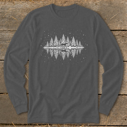 Dark grey long sleeve t-shirt with white forest scene and reflected deer.