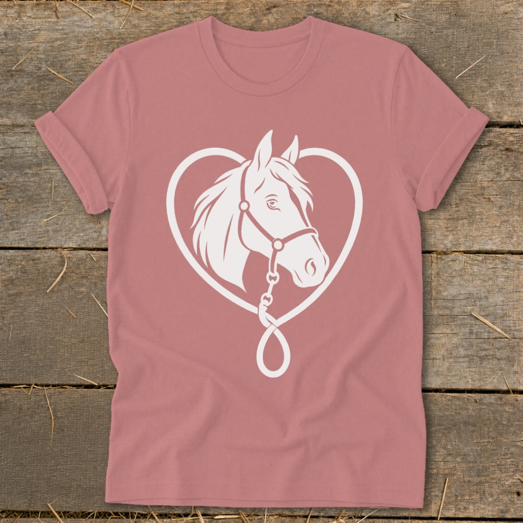 Dusty rose short-sleeve crewneck t-shirt featuring a white graphic of a horse inside a heart outline.