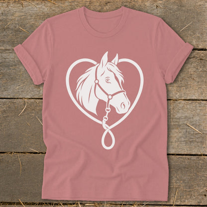 Dusty rose short-sleeve crewneck t-shirt featuring a white graphic of a horse inside a heart outline.