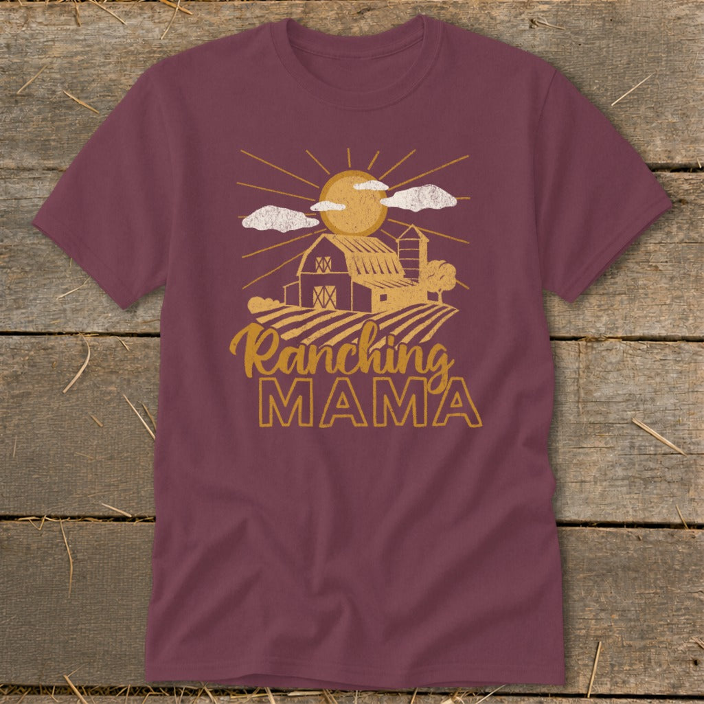 Maroon t-shirt with "Ranching MAMA" text and farm graphic.