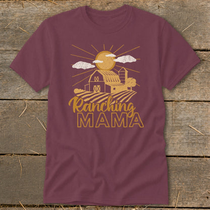 Maroon t-shirt with "Ranching MAMA" text and farm graphic.