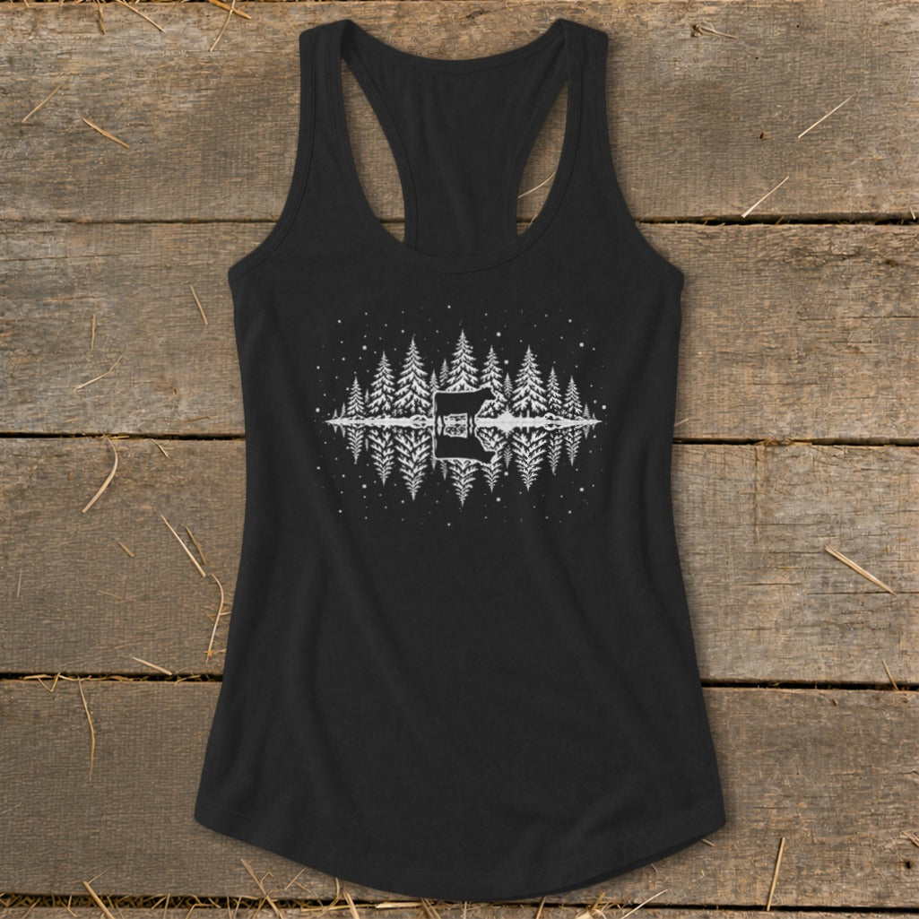 Black tank top with white forest and mirrored reflection graphic.