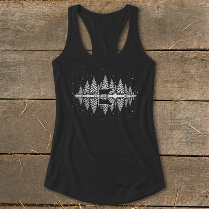 Black tank top with white forest and mirrored reflection graphic.