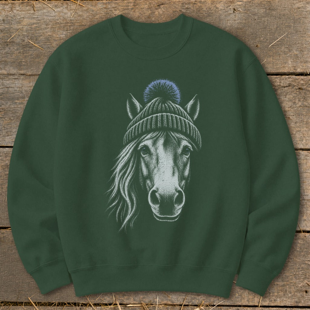 Green sweatshirt featuring a horse wearing a knitted hat and pom-pom.