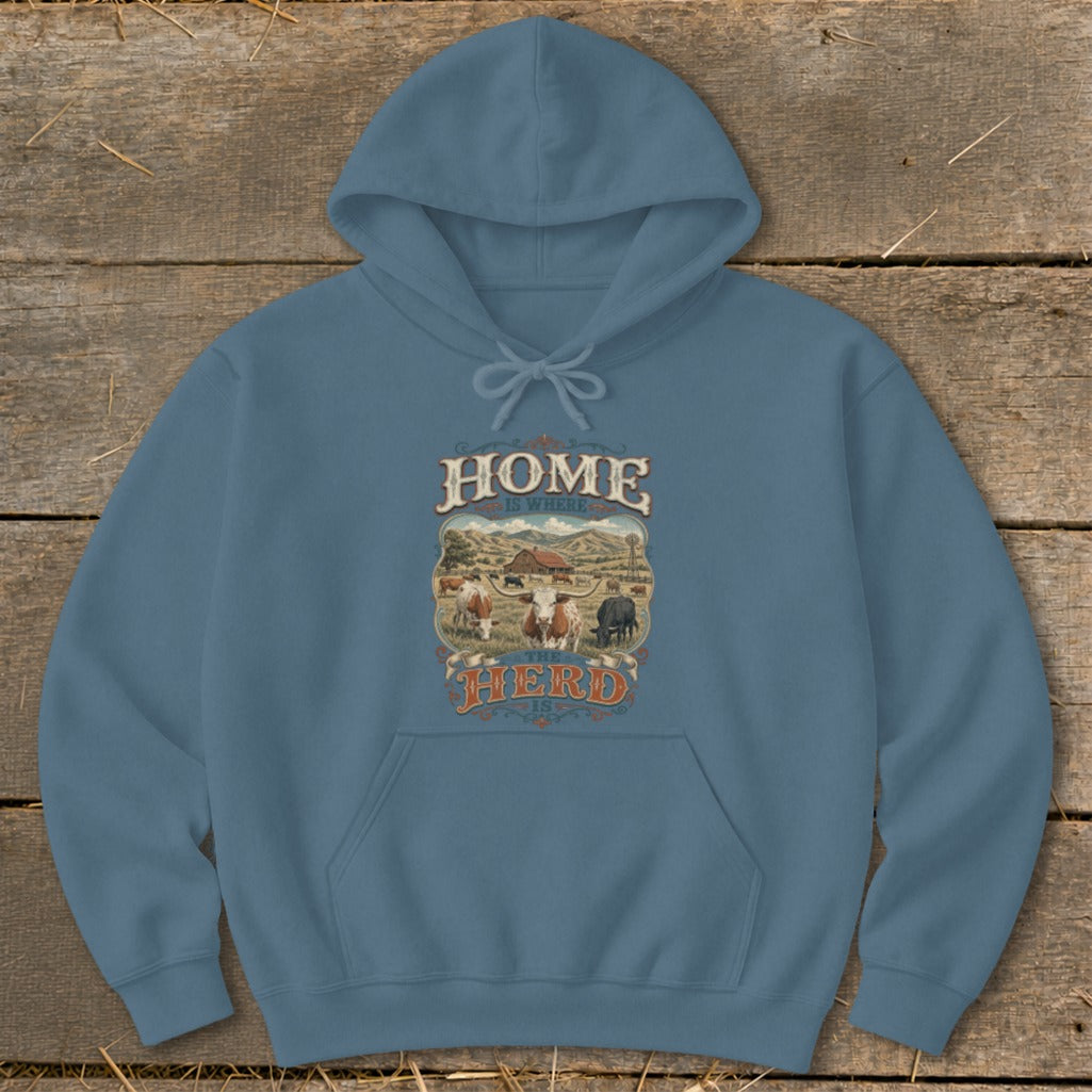Blue hoodie with "Home is Where the Herd Is" farm graphic.